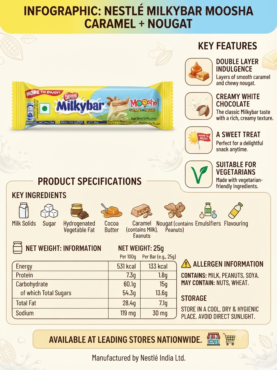 Nestlé Milkybar Moosha White Chocolate Bar with Caramel & Nougat Filling | Creamy White Chocolate | Vegetarian | 25g Snack Bar | Sweet Treat for Kids & Adults