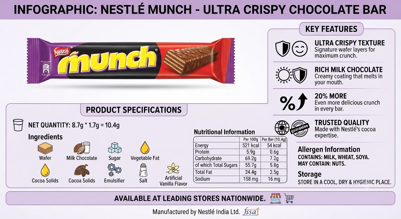 Nestlé Munch, Nestle Munch chocolate, crispy chocolate bar, wafer chocolate bar, chocolate wafer, milk chocolate wafer, crunchy chocolate bar, Nestle chocolate
