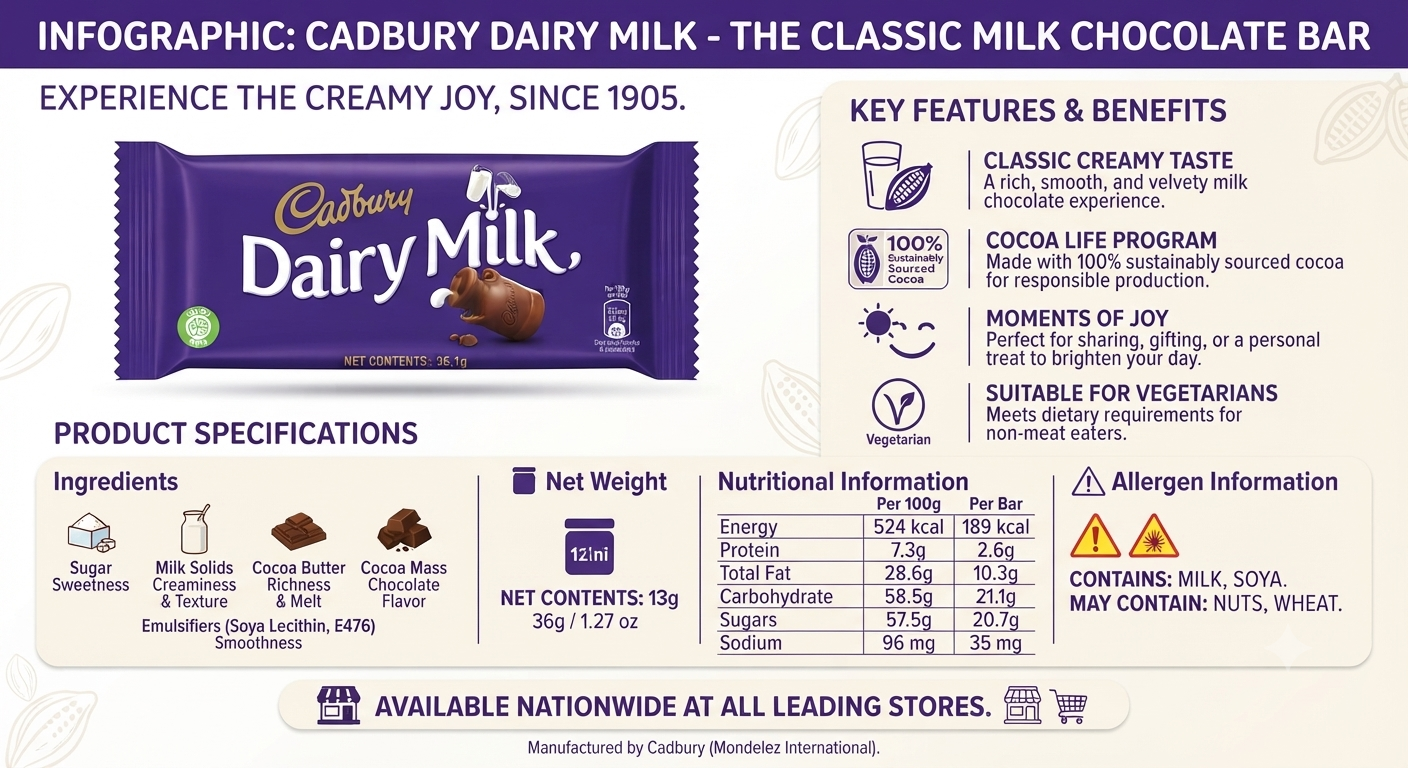 Cadbury Dairy Milk Chocolate, Cadbury Dairy Milk, milk chocolate bar, chocolate bar, creamy milk chocolate, Cadbury chocolate, chocolate snack, premium milk chocolate