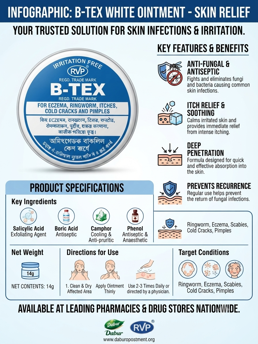 B-TEX White Ointment, antifungal ointment, antiseptic skin ointment, skin relief cream, anti itch ointment, skin infection cream, medicated skin ointment, skin healing ointment