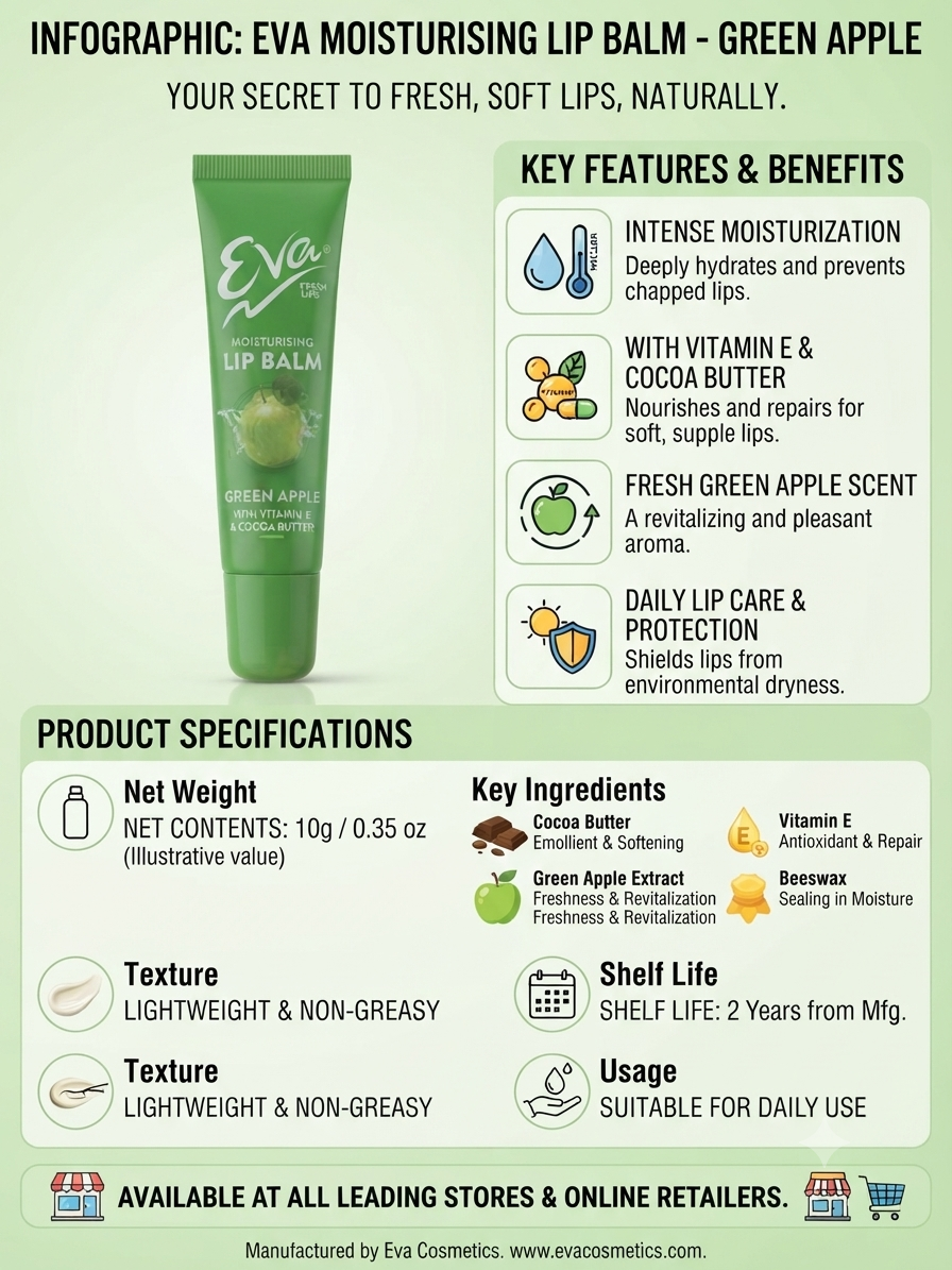 Eva Moisturising Lip Balm Green Apple | Vitamin E & Cocoa Butter | Hydrating Lip Care | Softens Dry & Chapped Lips | Lightweight Non-Greasy Formula | 10g