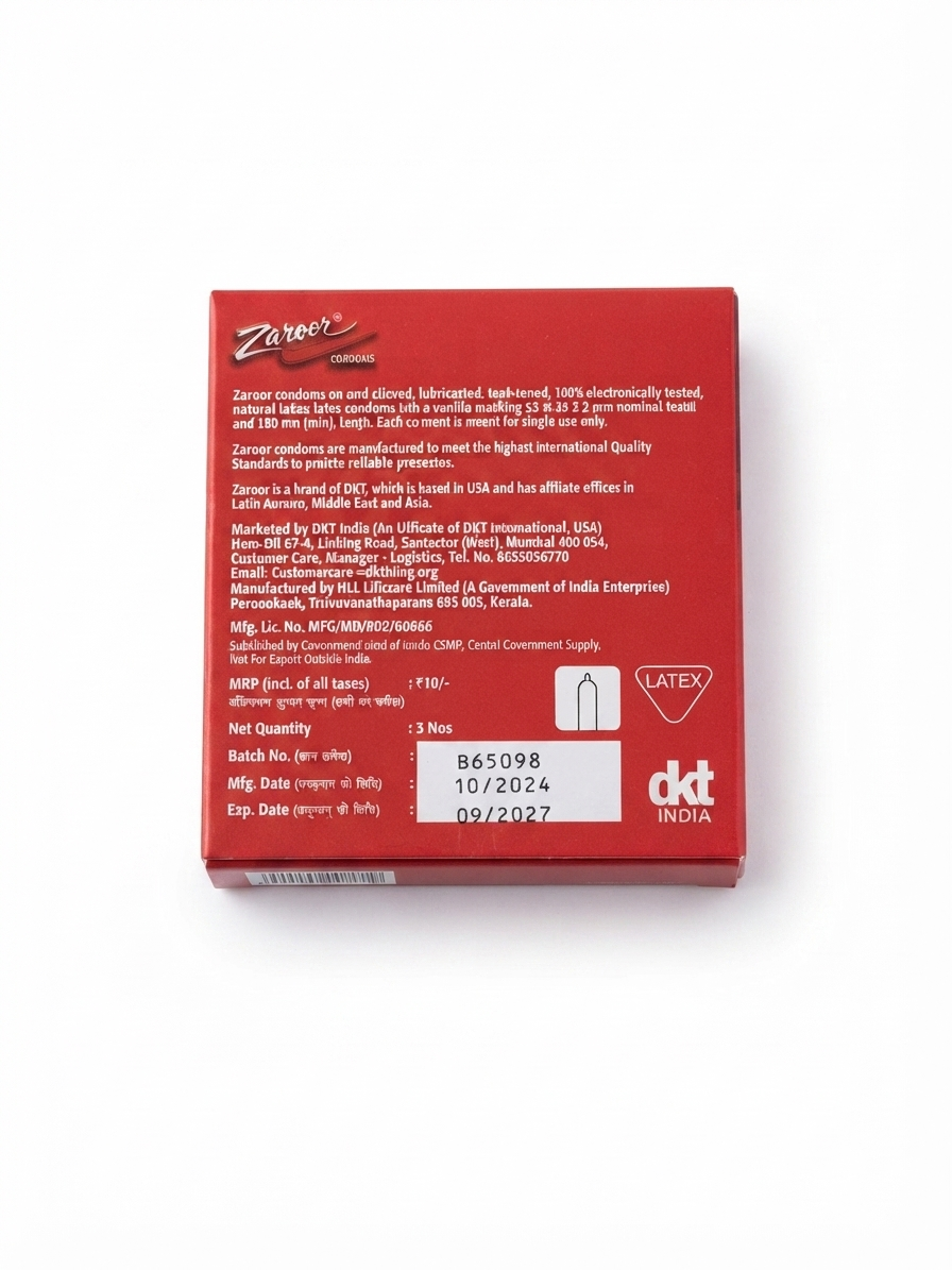 Zaroor Condoms 3 Pack | Natural Rubber Latex Condoms | Smooth Lubricated | Electronically Tested | Vanilla Scent | DKT India
