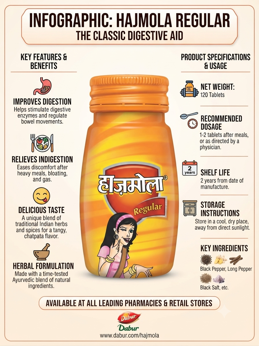 Dabur Hajmola Regular Digestive Tablets | Traditional Ayurvedic Digestive Candy | Chatpata Taste | Helps Support Digestion | 120 Tablets