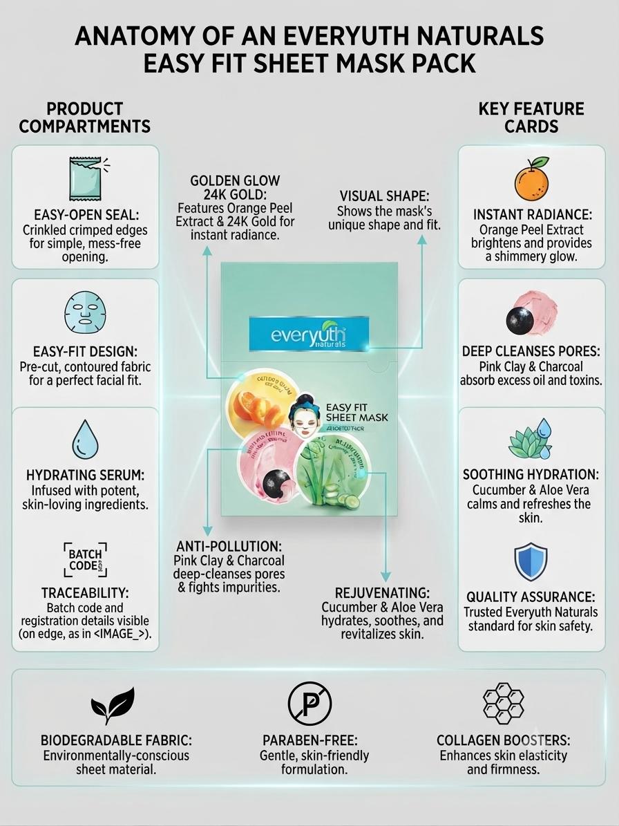 Everyuth Naturals Easy Fit Sheet Mask Assorted Pack | Golden Glow 24K Gold, Anti-Pollution Pink Clay & Charcoal, Rejuvenating Cucumber & Aloe Vera