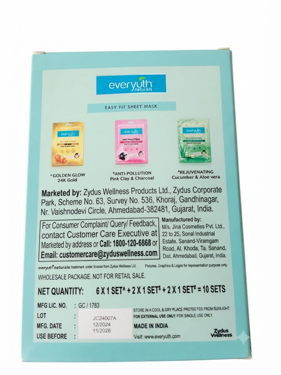 Everyuth Naturals Easy Fit Sheet Mask Assorted Pack | Golden Glow 24K Gold, Anti-Pollution Pink Clay & Charcoal, Rejuvenating Cucumber & Aloe Vera