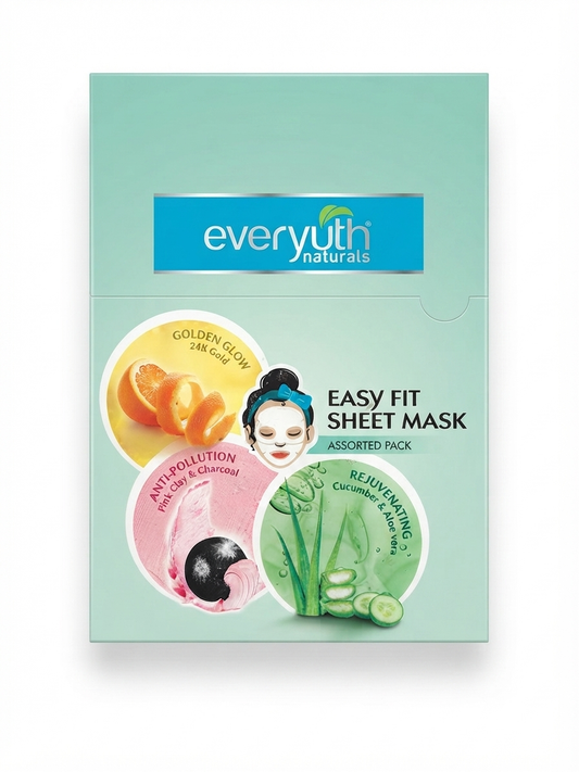 Everyuth Naturals Easy Fit Sheet Mask Assorted Pack | Golden Glow 24K Gold, Anti-Pollution Pink Clay & Charcoal, Rejuvenating Cucumber & Aloe Vera