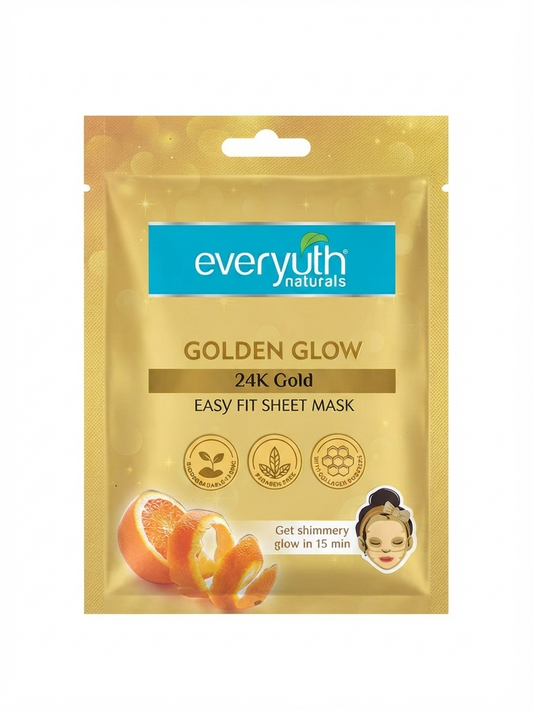 Everyuth Naturals Golden Glow 24K Gold Easy Fit Sheet Mask | Orange Peel Extract & Gold Collagen Boosters | Hydrating Face Mask for Instant Glow | Paraben-Free | Single Use
