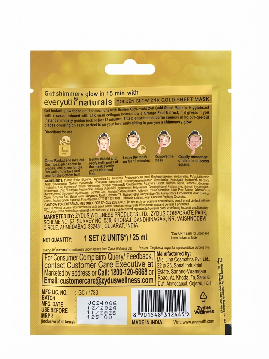 Everyuth Naturals Golden Glow 24K Gold Easy Fit Sheet Mask | Orange Peel Extract & Gold Collagen Boosters | Hydrating Face Mask for Instant Glow | Paraben-Free | Single Use