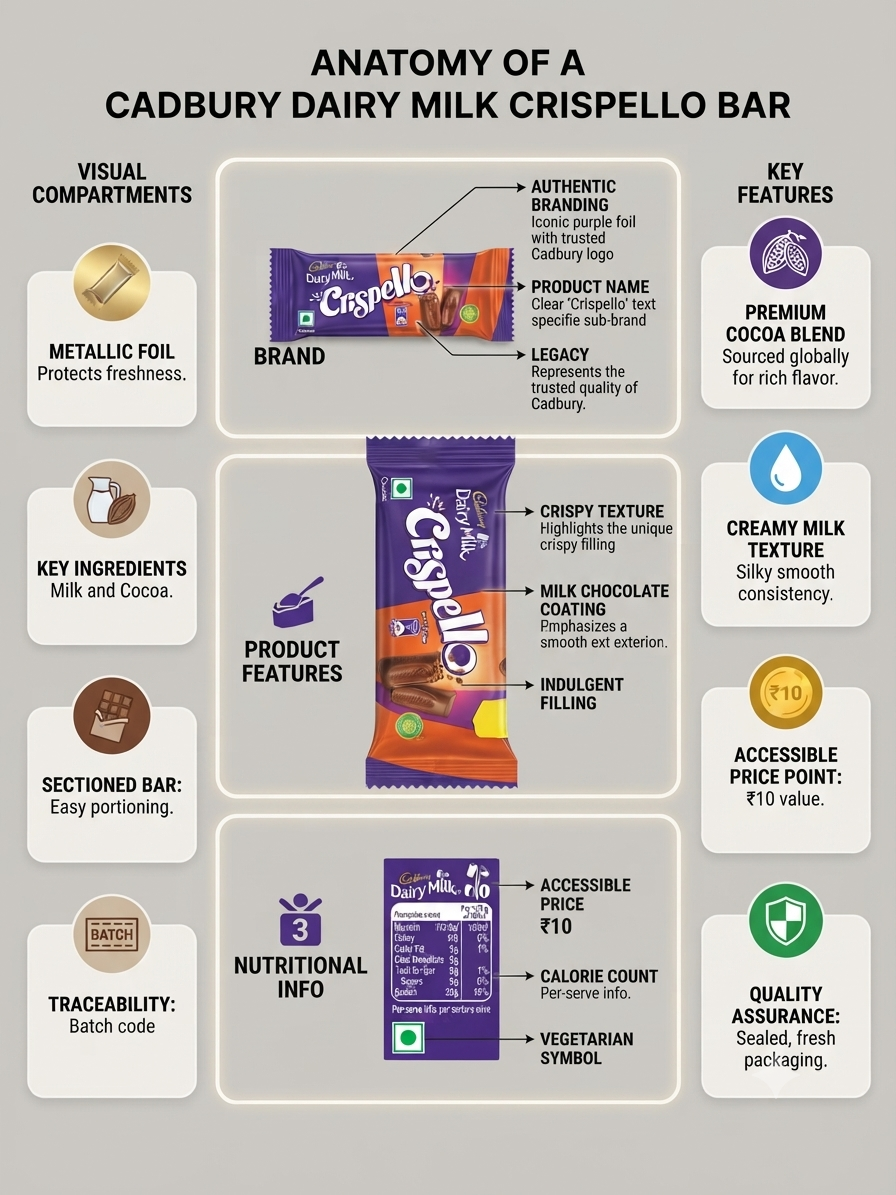 Cadbury Dairy Milk Crispello Chocolate Bar | Crispy Wafer Filled Milk Chocolate | Creamy Cocoa Chocolate | Vegetarian Chocolate Snack | Perfect for Gifting & Snacking