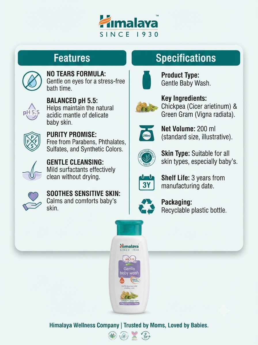 Himalaya Gentle Baby Wash 200ml | Tear-Free Baby Body Wash | pH 5.5 Balanced | Soap-Free Baby Cleanser | Chickpea & Green Gram