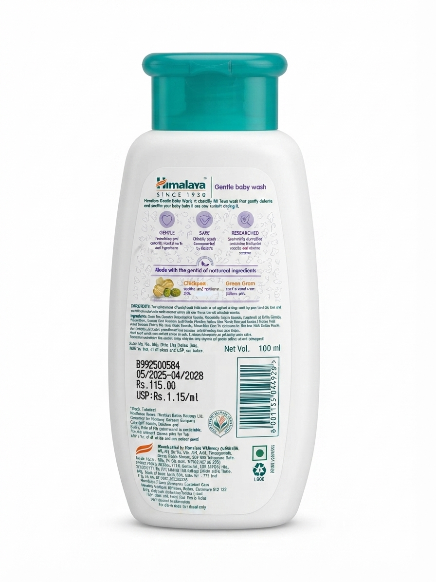 Himalaya Gentle Baby Wash 200ml | Tear-Free Baby Body Wash | pH 5.5 Balanced | Soap-Free Baby Cleanser | Chickpea & Green Gram