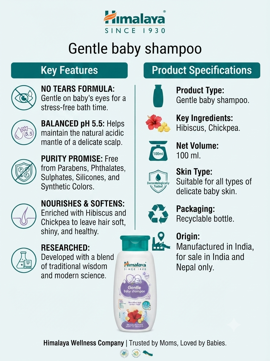 Himalaya Gentle Baby Shampoo 100ml | No Tears Formula | pH 5.5 Balanced | Hibiscus & Chickpea | Sulphate, Paraben & Silicone Free