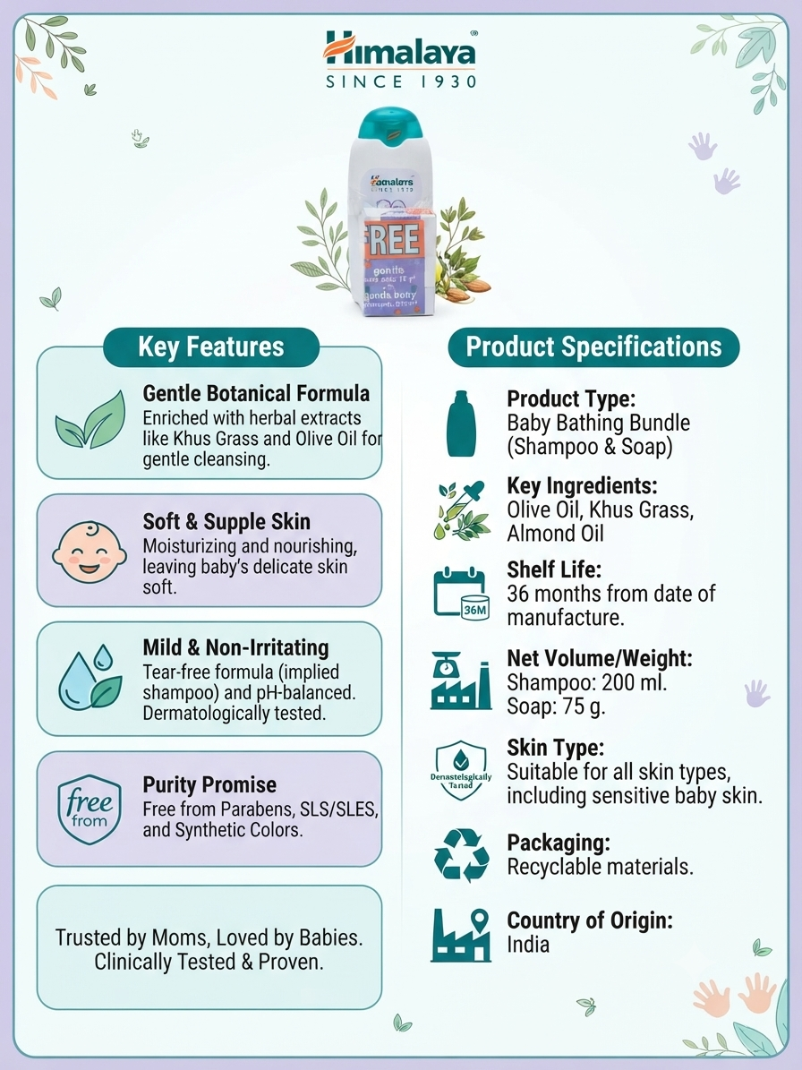 Himalaya Baby Bathing Bundle | Baby Shampoo 200ml & Baby Soap 75g | Gentle Tear-Free Cleansing with Olive Oil, Almond Oil & Khus Grass | Paraben Free | Dermatologically Tested