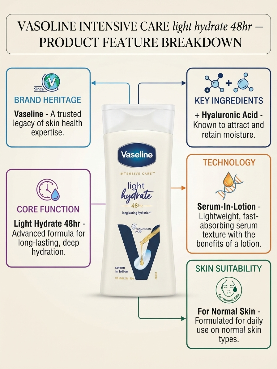 Vaseline Intensive Care Light Hydrate 48Hr Body Lotion | Hyaluronic Acid Serum-In-Lotion | Lightweight Fast Absorbing Daily Moisturizer