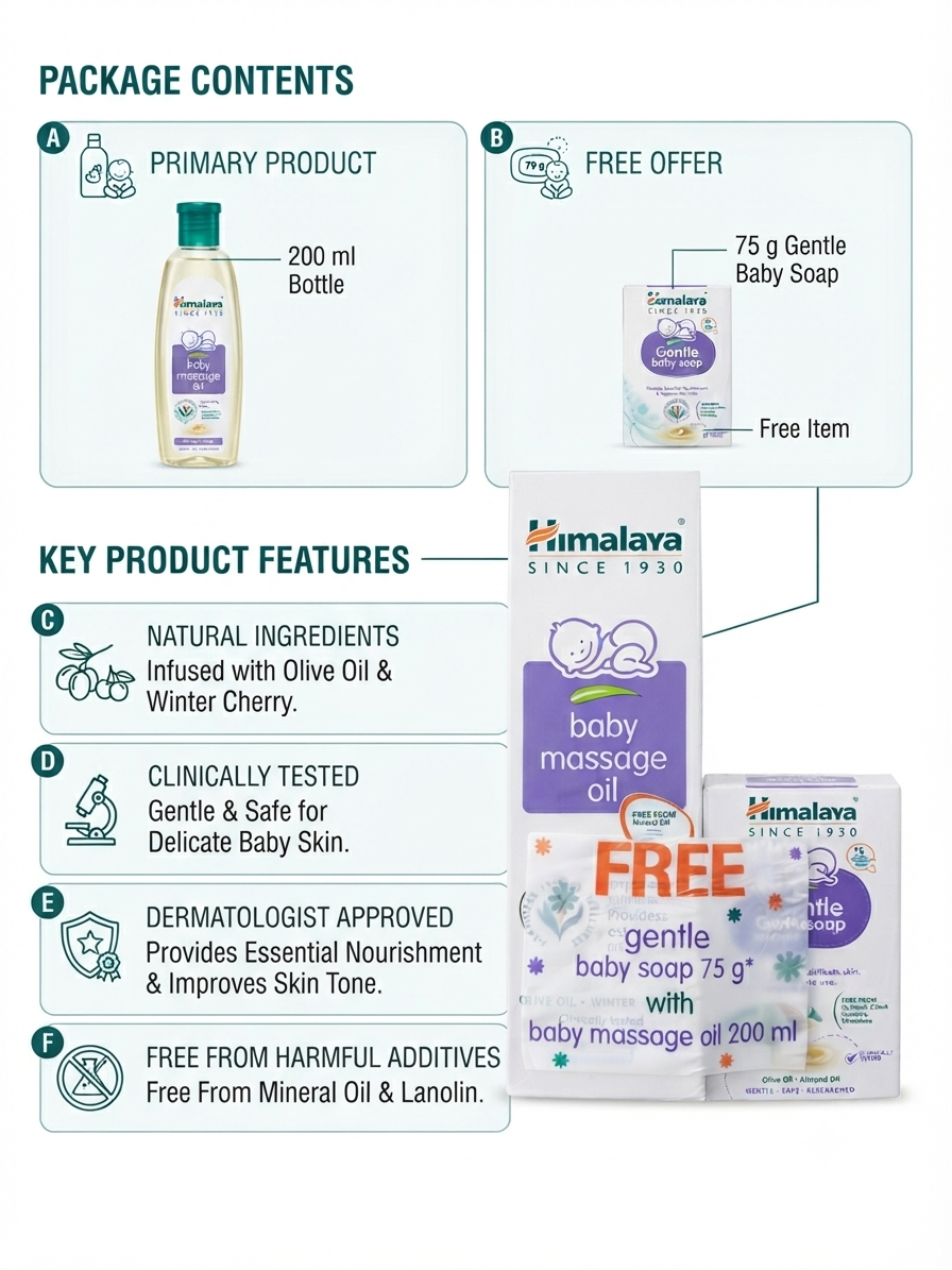 Himalaya Baby Massage Oil 200ml with Free Gentle Baby Soap 75g | Baby Body Massage Oil with Olive Oil & Winter Cherry | Daily Baby Skin Care Combo