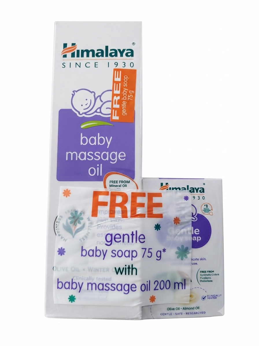 Himalaya Baby Massage Oil 200ml with Free Gentle Baby Soap 75g | Baby Body Massage Oil with Olive Oil & Winter Cherry | Daily Baby Skin Care Combo