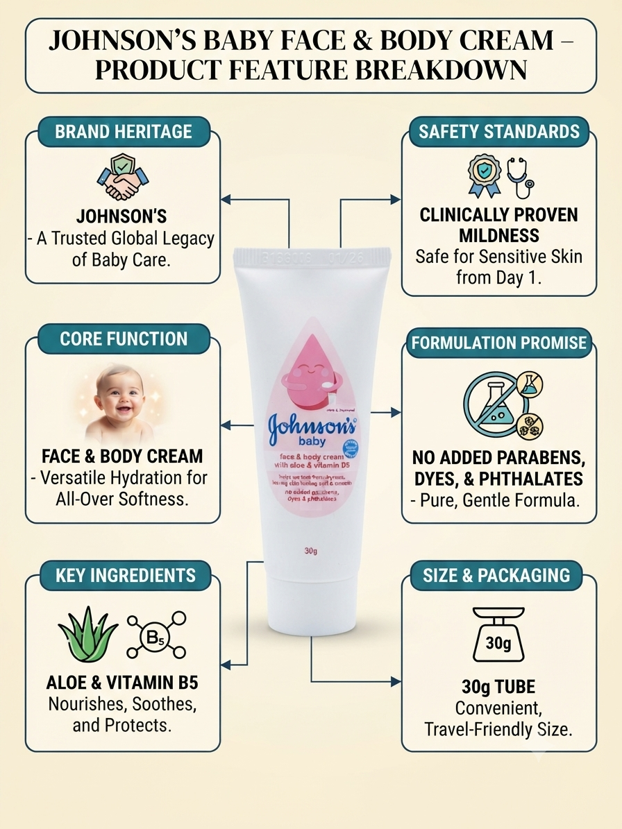 ohnson's Baby Face & Body Cream 30g | Aloe Vera & Vitamin B5 | Gentle Moisturizer for Newborn & Sensitive Skin