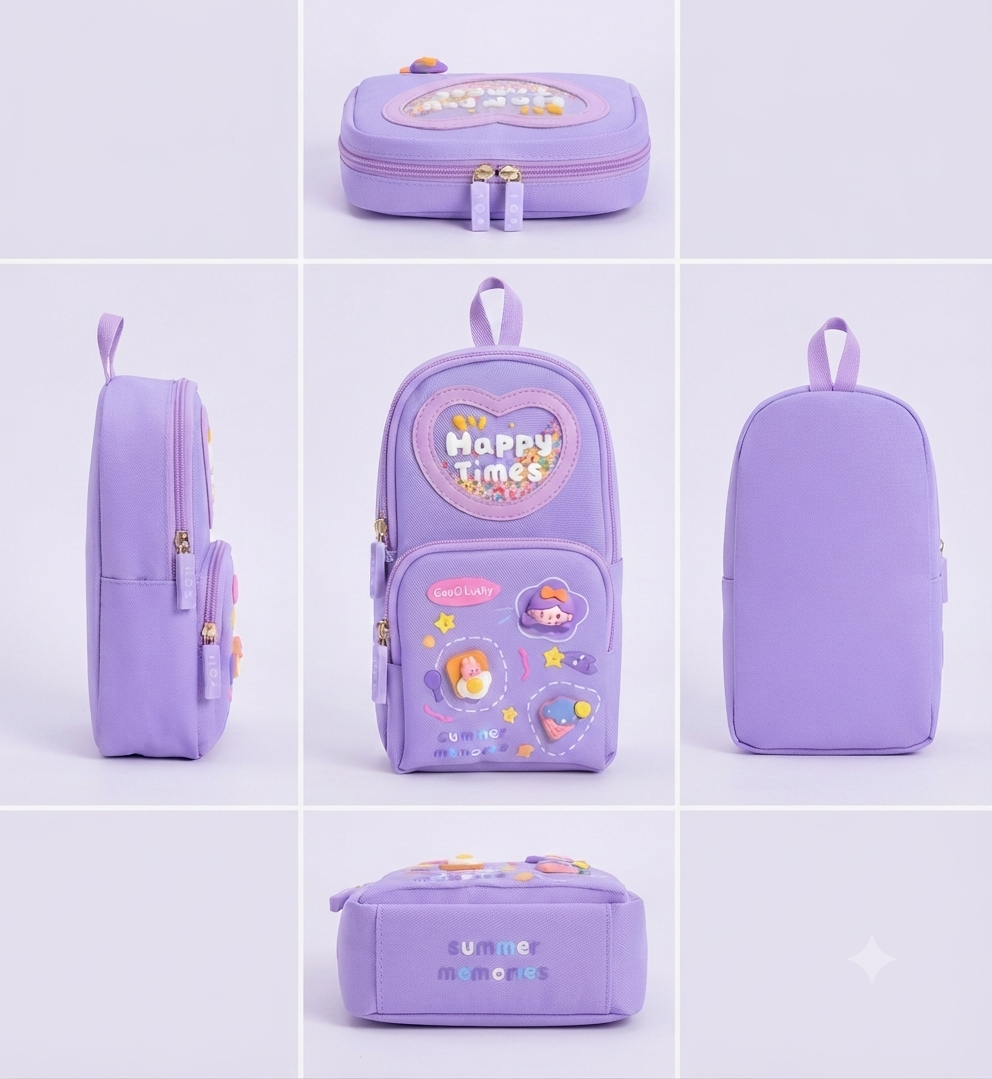Happy Times Pencil Pouch for Girls & Kids | Large Capacity Double Compartment Pencil Case | Cute Lavender Stationery Organizer with Zipper & Carry Handle | School, Art & Stationery Supplies