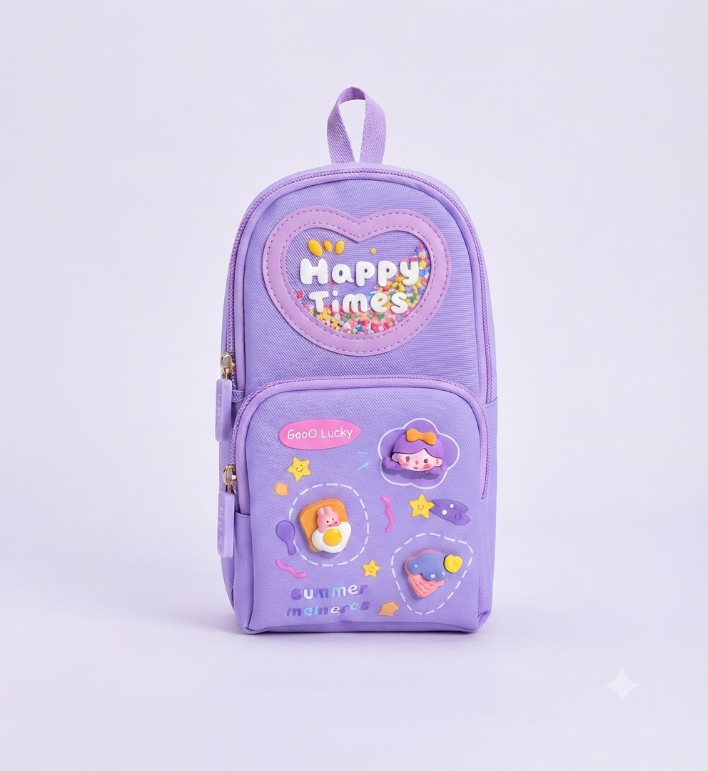 Happy Times Pencil Pouch for Girls & Kids | Large Capacity Double Compartment Pencil Case | Cute Lavender Stationery Organizer with Zipper & Carry Handle | School, Art & Stationery Supplies