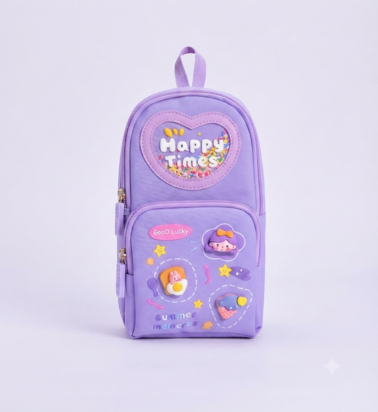 Happy Times Pencil Pouch for Girls & Kids | Large Capacity Double Compartment Pencil Case | Cute Lavender Stationery Organizer with Zipper & Carry Handle | School, Art & Stationery Supplies