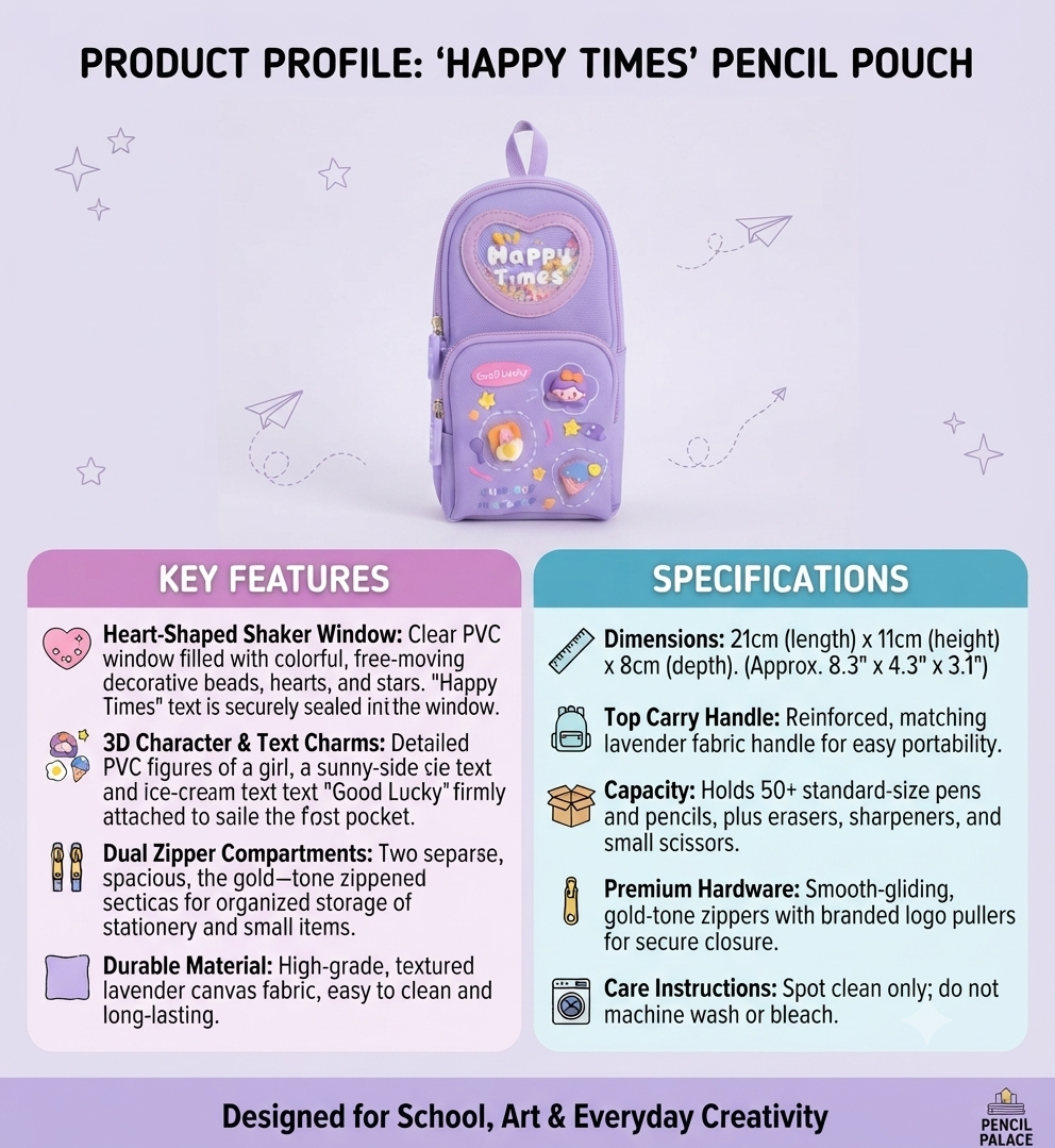 Happy Times Pencil Pouch for Girls & Kids | Large Capacity Double Compartment Pencil Case | Cute Lavender Stationery Organizer with Zipper & Carry Handle | School, Art & Stationery Supplies