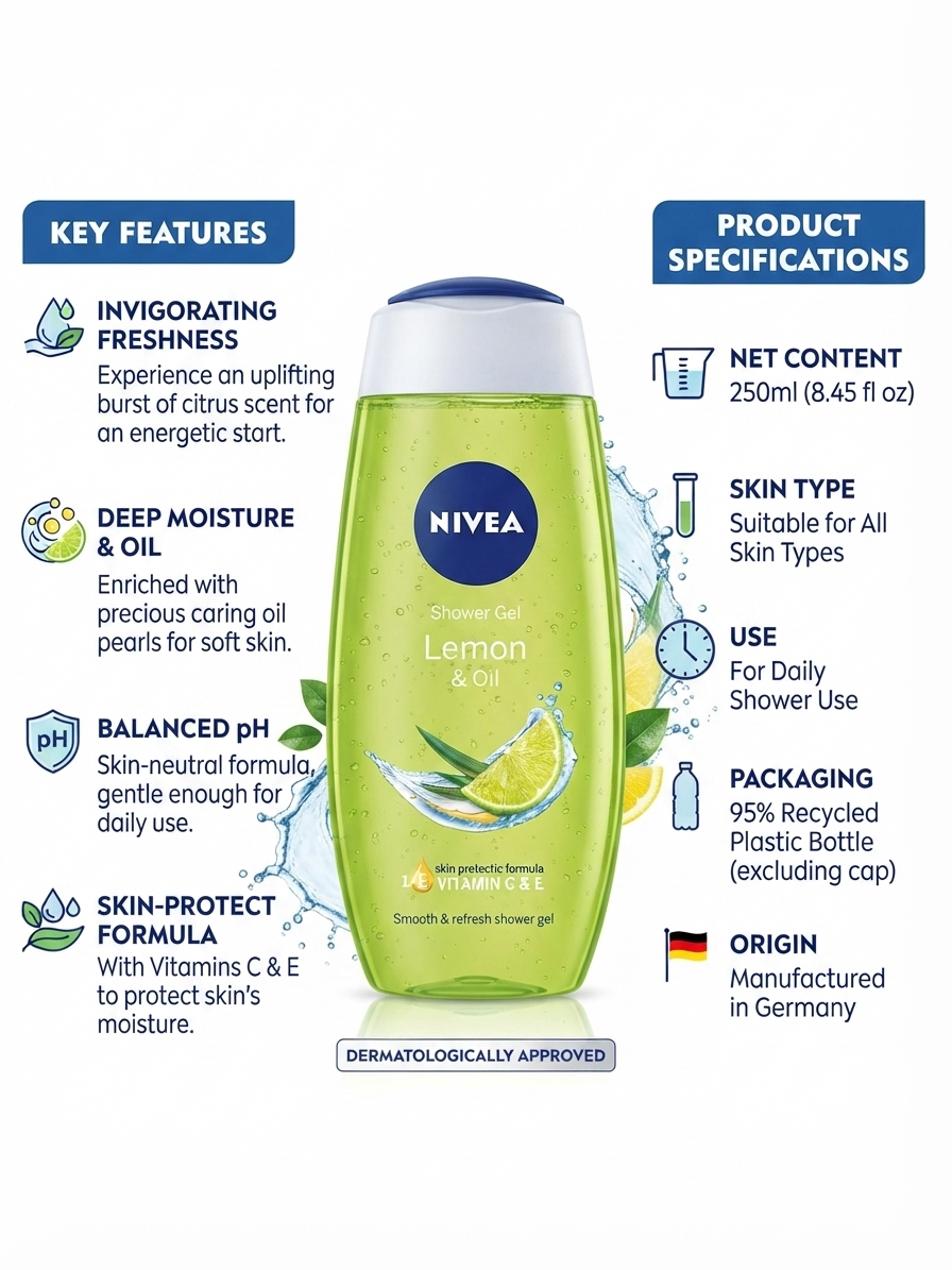 NIVEA Waterlily & Oil Shower Gel 250ml | Vitamin C & E Body Wash | Refreshing Fragrance | pH Skin Neutral | Moisturizing Shower Gel for All Skin Types