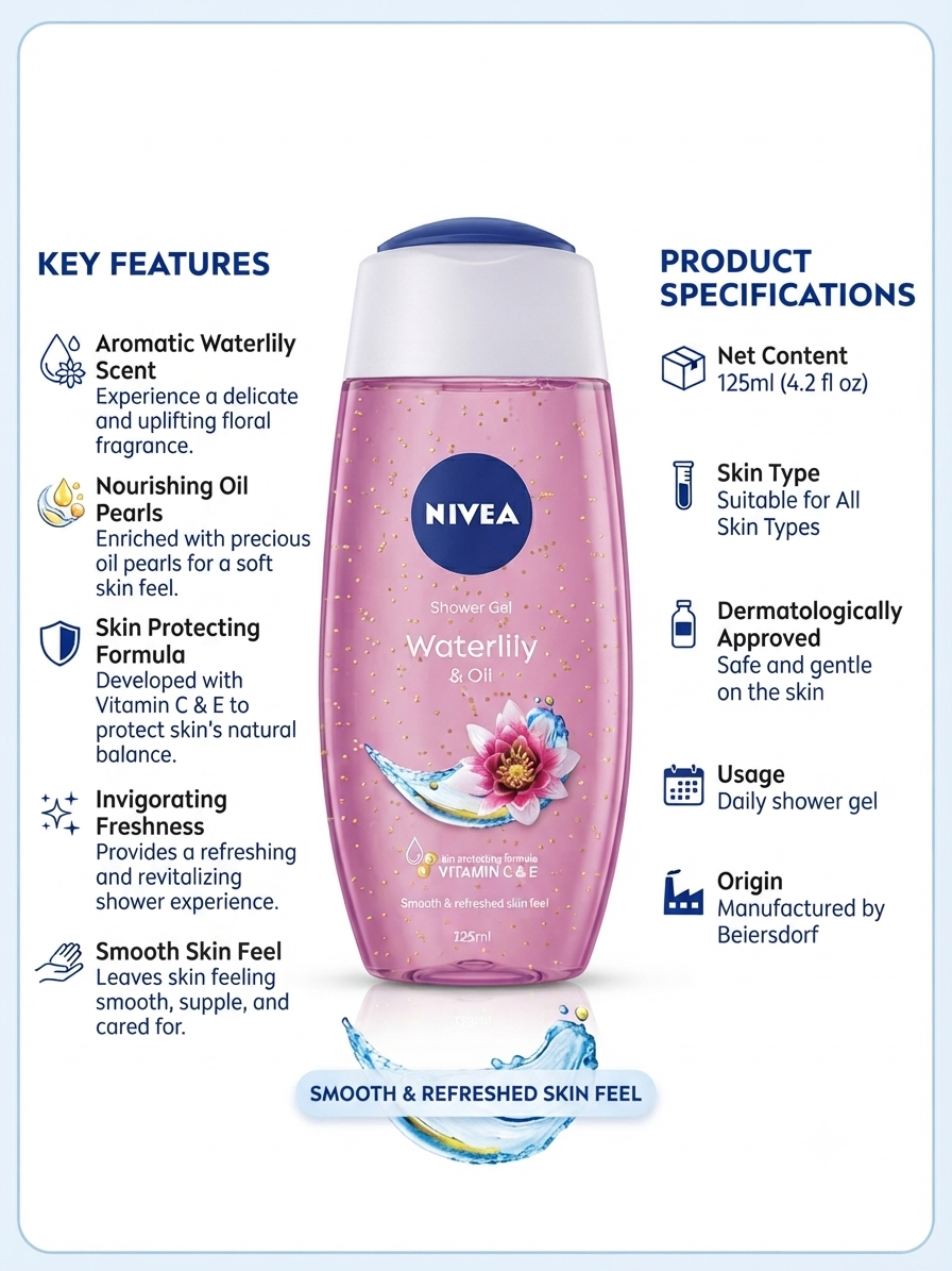 NIVEA Waterlily & Oil Shower Gel 125ml Vitamin C & E Body Wash | Refreshing Fragrance | pH Skin Neutral | Moisturizing Shower Gel for All Skin Types