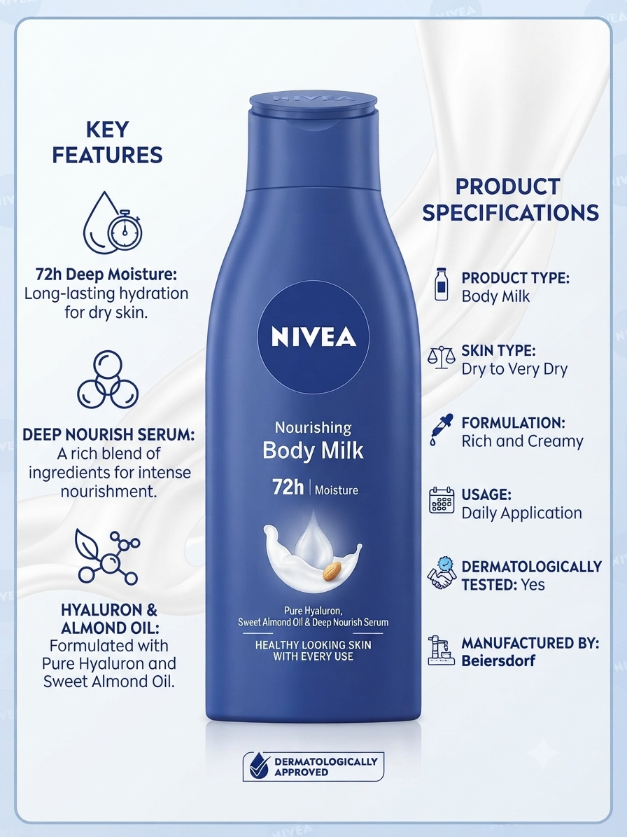 NIVEA Nourishing Body Milk 72h Moisture with Hyaluron & Sweet Almond Oil | Deep Moisturizing Body Lotion for Dry to Very Dry Skin | Rich & Creamy Formula | Dermatologically Tested