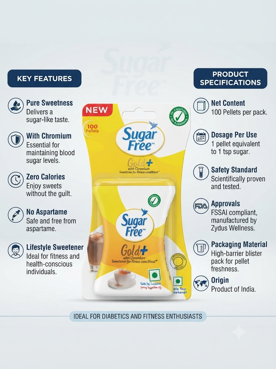Sugar Free Gold+ Pellets with Chromium | Low Calorie Sugar Substitute | Sucralose Sweetener | 100 Pellets | Sugar-Like Taste | No Aspartame | Ideal for Tea, Coffee & Beverages