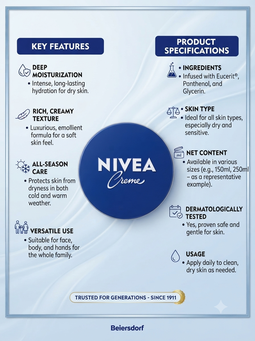 NIVEA Creme Moisturizing Cream for Face, Body & Hands | Deep Moisturization for Dry Skin | Rich & Creamy Formula with Eucerit®, Panthenol & Glycerin | Daily Skin Care