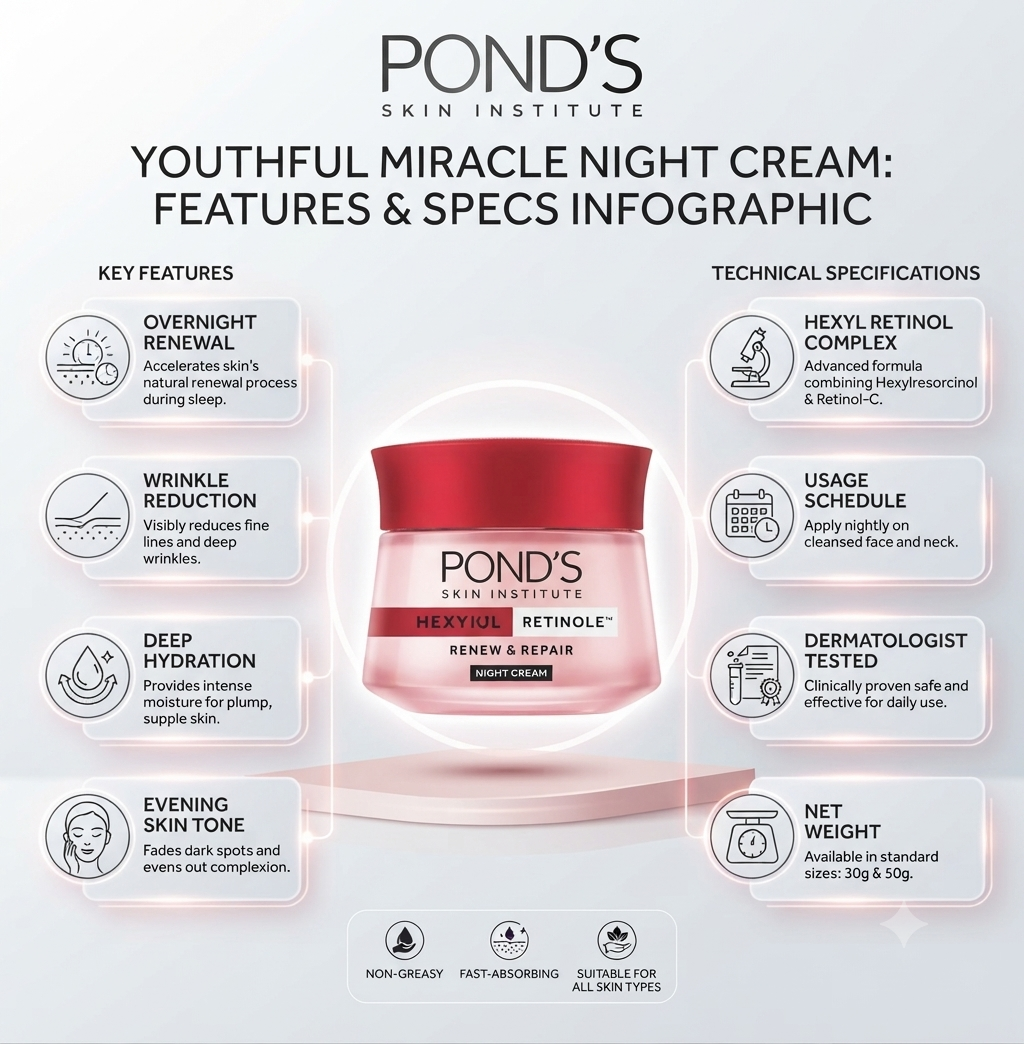 Pond's Skin Institute Youthful Miracle Night Cream | Hexylresorcinol & Retinol-C Complex | Deep Hydrating Anti-Aging Night Moisturizer for Face & Neck | 30g