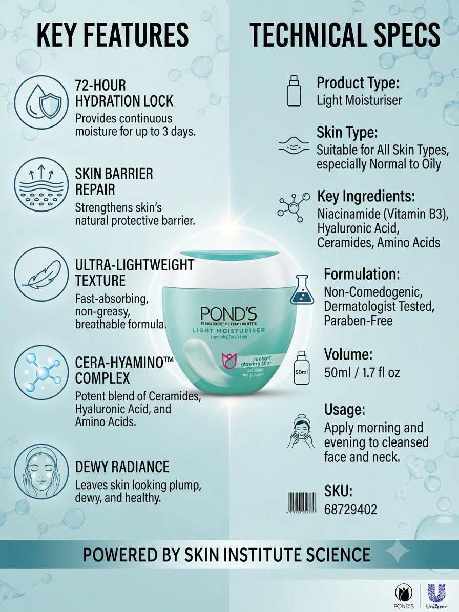 Pond's Light Moisturiser 50ml | Lightweight Daily Face Moisturizer with Niacinamide, Hyaluronic Acid & Ceramides | Non-Greasy Hydration | For Normal to Oily Skin
