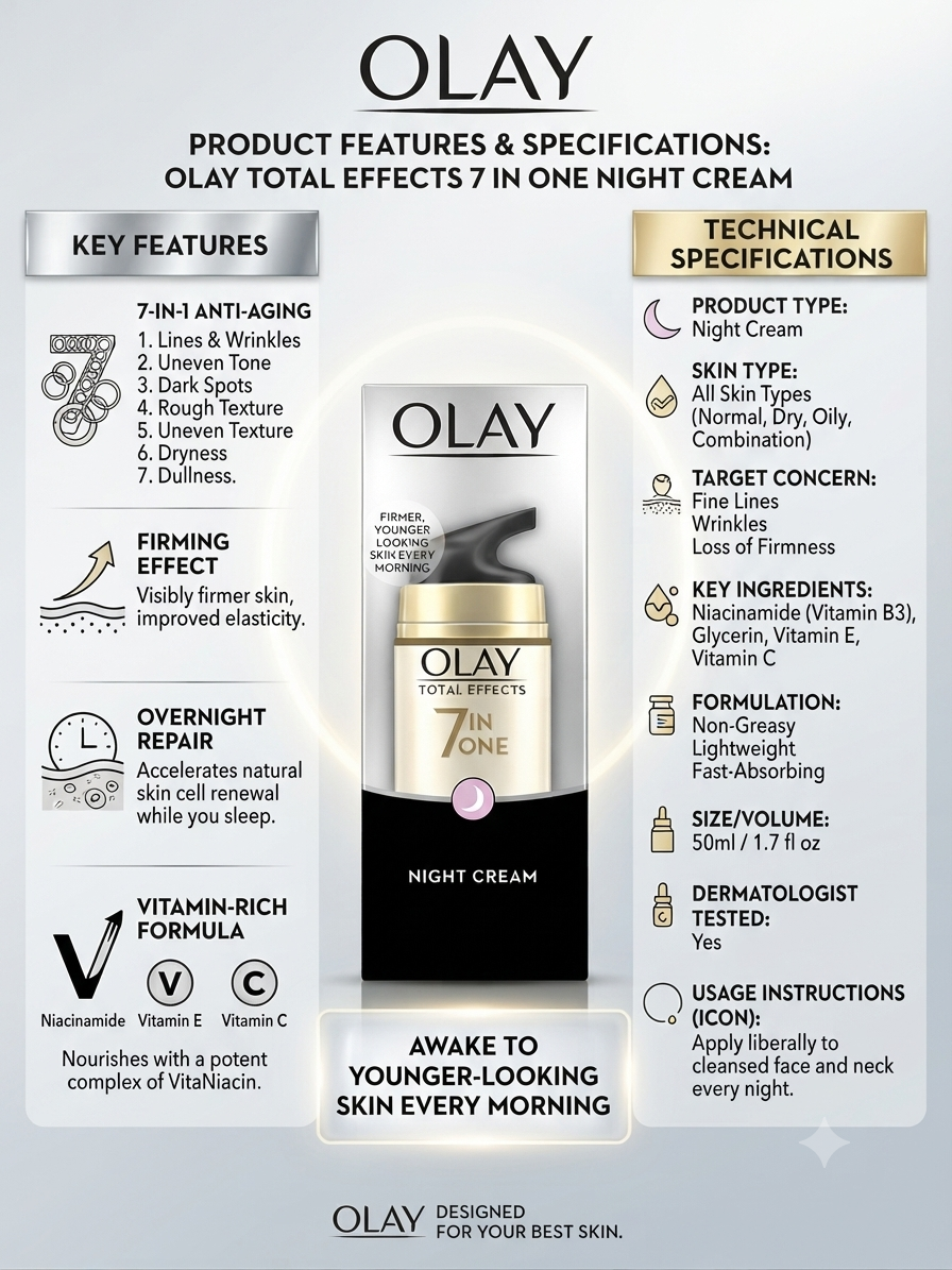 Olay Total Effects 7 in 1 Night Cream 50ml | Anti-Aging Night Moisturizer with Niacinamide, Vitamin E & Vitamin C | Helps Improve Fine Lines, Uneven Tone & Dryness | Non-Greasy