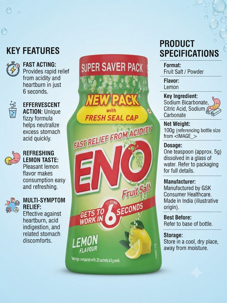 ENO Fruit Salt Lemon 100g | Fast Relief from Acidity, Heartburn & Acid Indigestion | Effervescent Antacid Powder | Refreshing Lemon Flavour