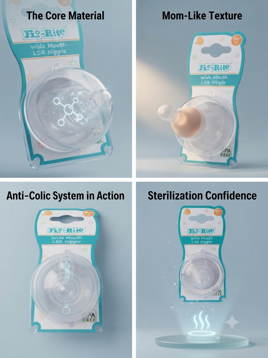 Flo-Rite Wide Mouth LSR Nipple for Baby Feeding Bottles | 0M+ Slow Flow Newborn Teat | Liquid Silicone Rubber | Anti-Colic Air Vent