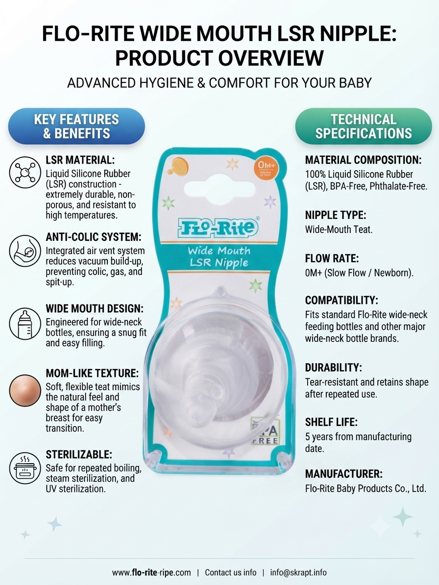 Flo-Rite Wide Mouth LSR Nipple for Baby Feeding Bottles | 0M+ Slow Flow Newborn Teat | Liquid Silicone Rubber | Anti-Colic Air Vent