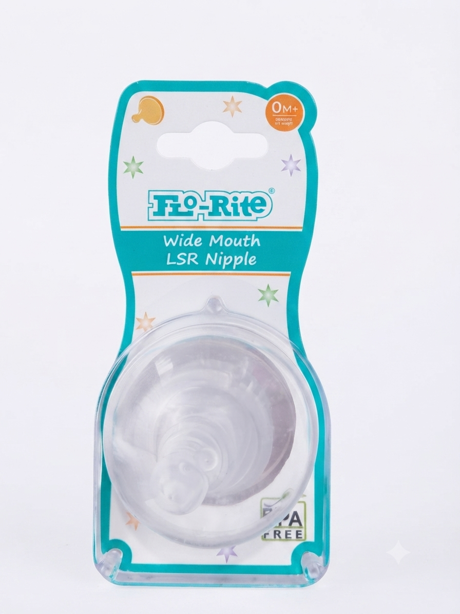 Flo-Rite Wide Mouth LSR Nipple for Baby Feeding Bottles | 0M+ Slow Flow Newborn Teat | Liquid Silicone Rubber | Anti-Colic Air Vent