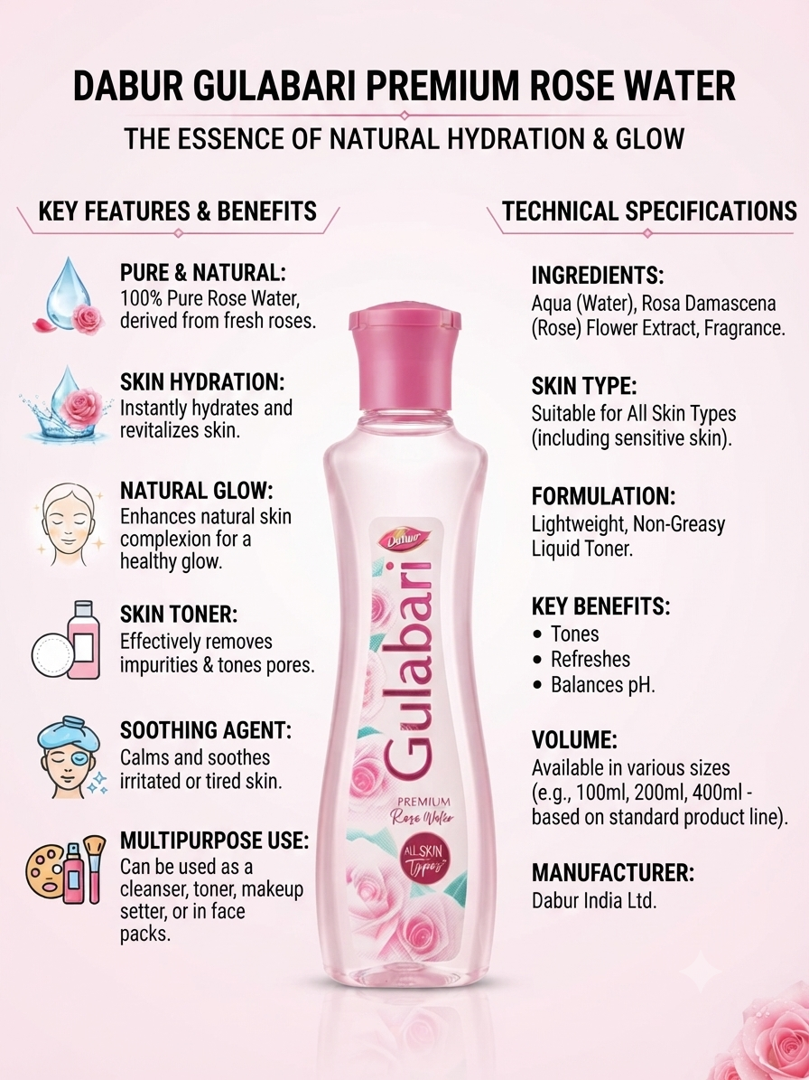 Dabur Gulabari Premium Rose Water | Rose Water Toner for Face | Refreshes & Hydrates Skin | Lightweight Non-Greasy Facial Toner | Suitable for All Skin Types