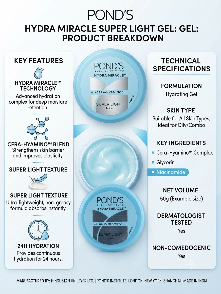 POND'S Hydra Miracle Super Light Gel Moisturizer | Lightweight Hydrating Face Gel with Cera-Hyamino Complex, Glycerin & Niacinamide | Non-Greasy