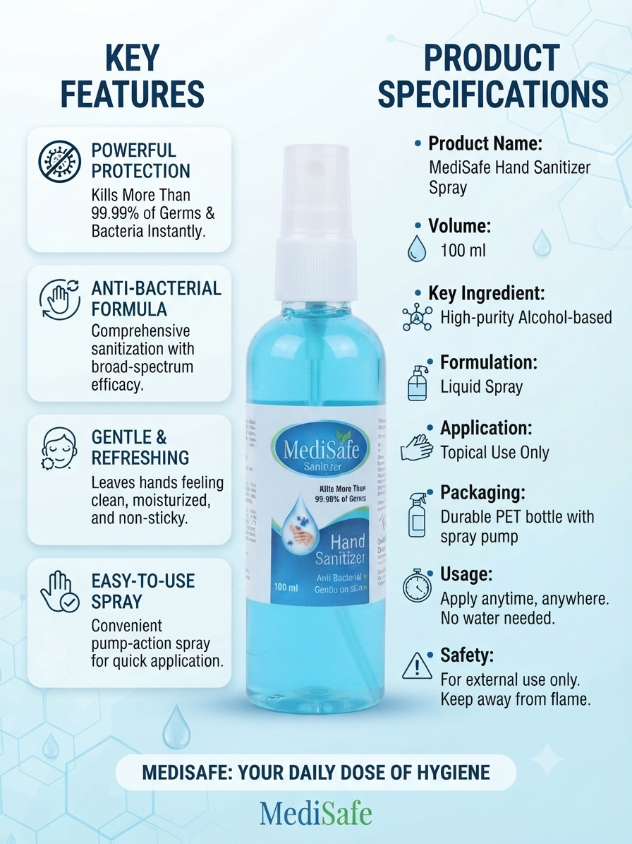 MediSafe Hand Sanitizer Spray 100ml | Alcohol-Based Hand Sanitizer | Antibacterial Hand Hygiene Spray | No-Water Hand Sanitizing Solution | Convenient Pump Bottle