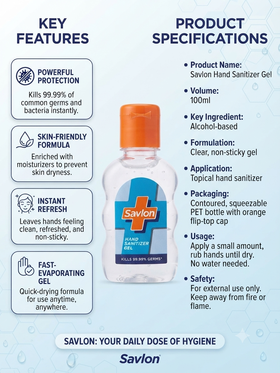 Savlon Hand Sanitizer Gel 100ml | Alcohol-Based Hand Sanitizer | Quick-Drying, Non-Sticky Formula
