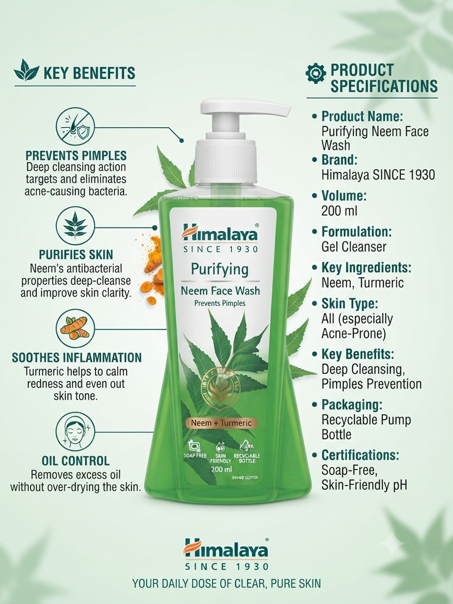 Himalaya Purifying Neem Face Wash 200ml | Neem & Turmeric Face Cleanser | Soap-Free Gel Face Wash | For Oily & Acne-Prone Skin | Daily Facial Cleanser