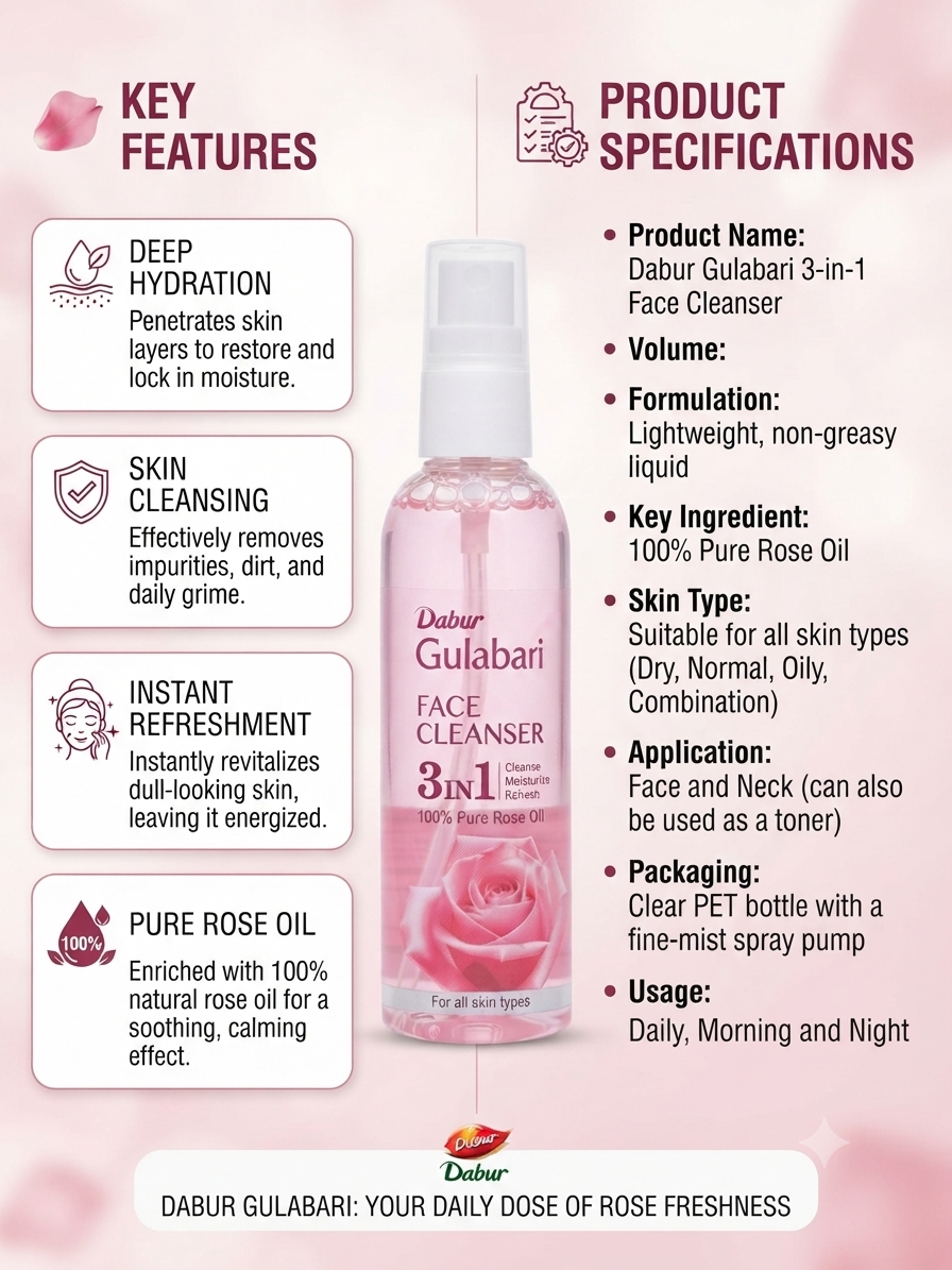 Dabur Gulabari 3-in-1 Face Cleanser | Rose-Based Facial Cleanser for Face & Neck | Lightweight Non-Greasy Formula | Daily Cleansing & Refreshing Skincare