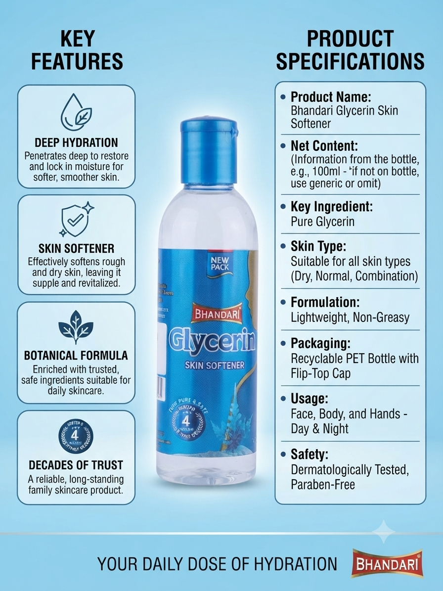 Bhandari Glycerin Skin Softener | Pure Glycerin for Skin | Moisturizer for Dry & Rough Skin | Lightweight Non-Greasy Formula | For Face, Hands & Body