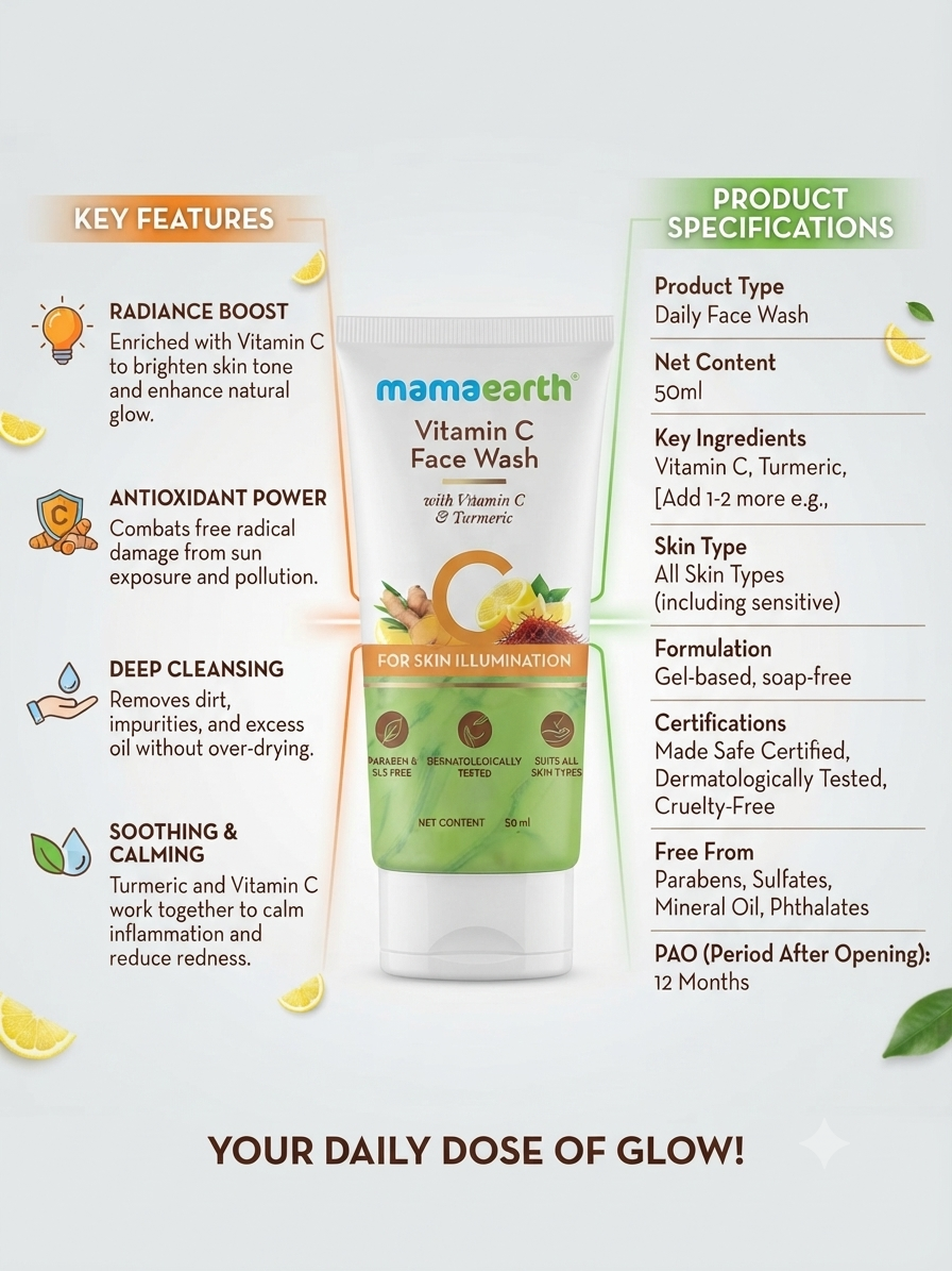 Mamaearth Vitamin C Face Wash with Vitamin C & Turmeric | Daily Facial Cleanser for Clean, Fresh & Radiant-Looking Skin | Gel-Based Soap-Free Face Wash | 50 ml