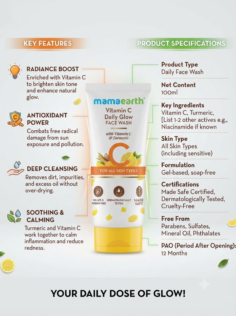 Mamaearth Vitamin C Daily Glow Face Wash with Vitamin C & Turmeric, 100 ml