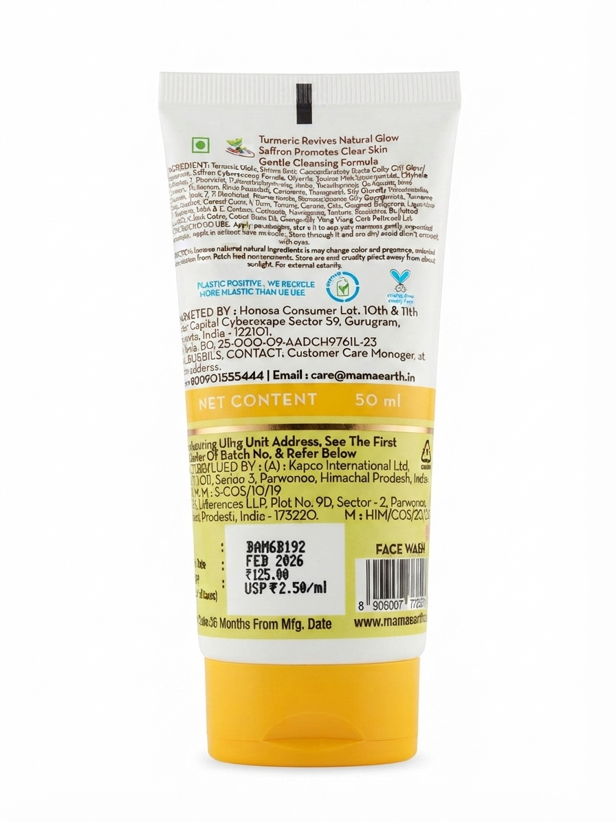 Mamaearth Turmeric Face Wash, Gentle Cleansing Formula for Fresh & Radiant-Looking Skin, Turmeric Facial Cleanser, Daily Face Wash, 50 ml