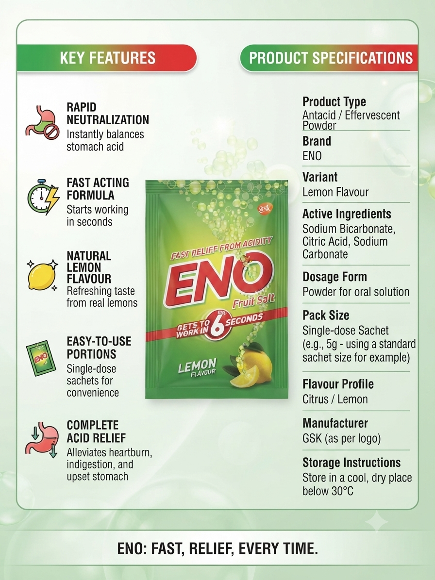 ENO Fruit Salt Antacid Powder, Lemon Flavour, Fast Relief from Acidity, Heartburn & Indigestion, Effervescent Powder for Oral Solution