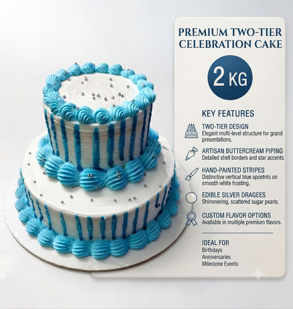 Premium 2 Tier Birthday Cake 2 Kg | Blue & White Designer Celebration Cake | Custom Buttercream Cake | Anniversary & Party Cake | Personalized Two-Tier Cake