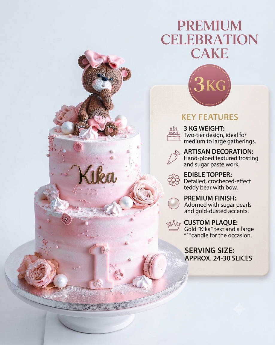 Premium 3 Kg Teddy Bear Birthday Cake | Custom Designer Celebration Cake | Pink Fondant Cake with Gold Stars | First Birthday Cake | Party Cake for Boys & Girls